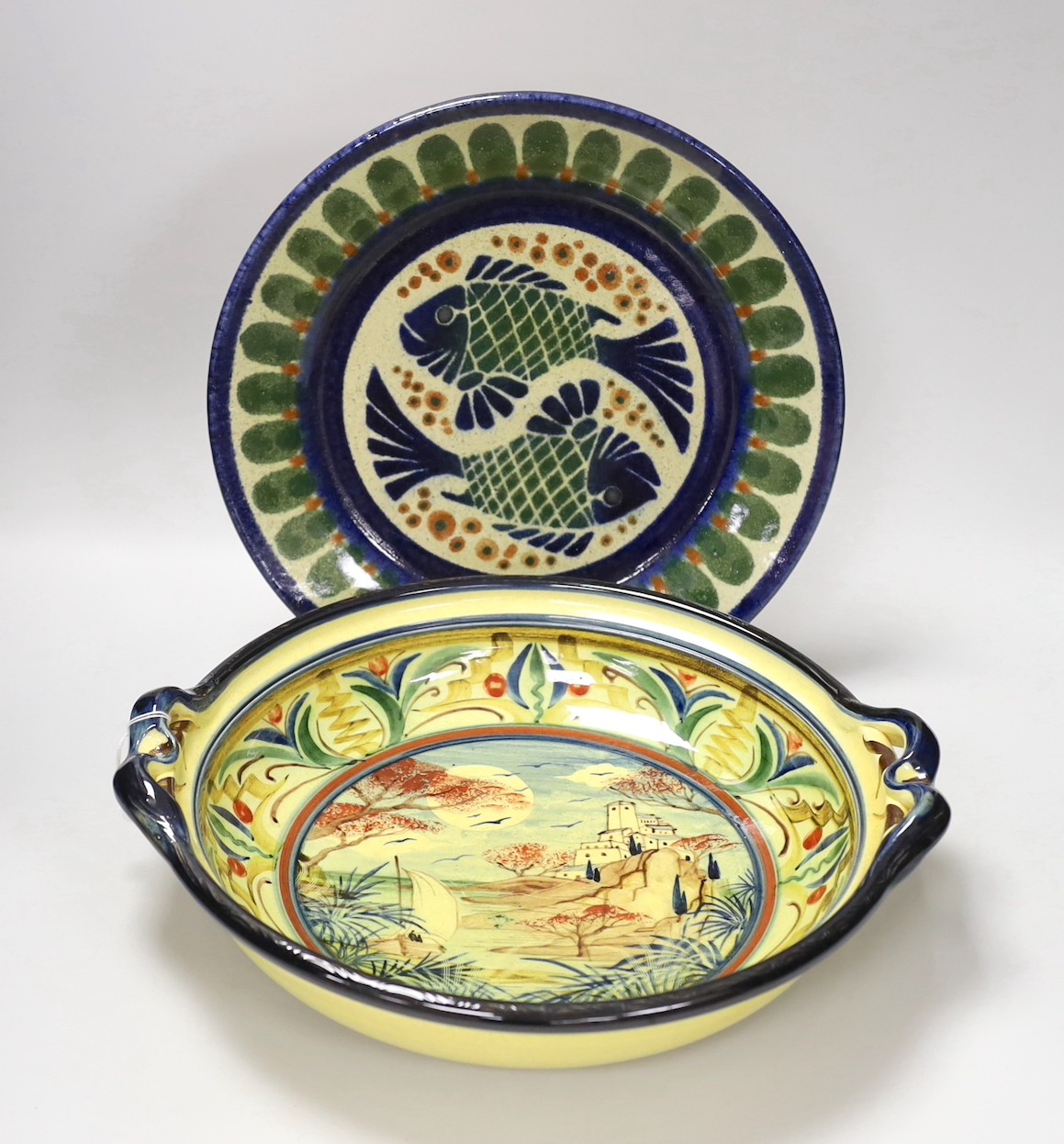 Barocco Valbonne - large painted dish, together with a Casa dos Oleiros Portuguese plate, largest 35cm across